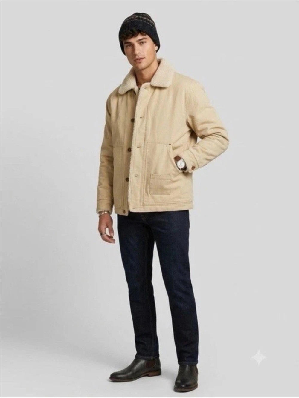 Zara Men's Sherpa beige lined canvas workwear Jacket size medium